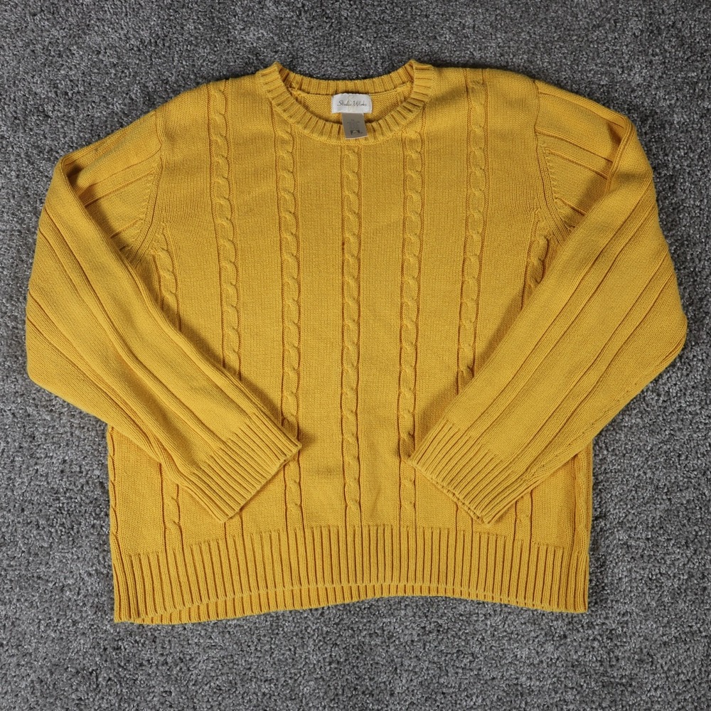 Vintage Y2K Studio Works Women's XL Mustard Yellow Cable Knit Cotton Sweater